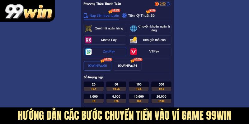Hướng dẫn các bước chuyển tiền vào ví game 99Win